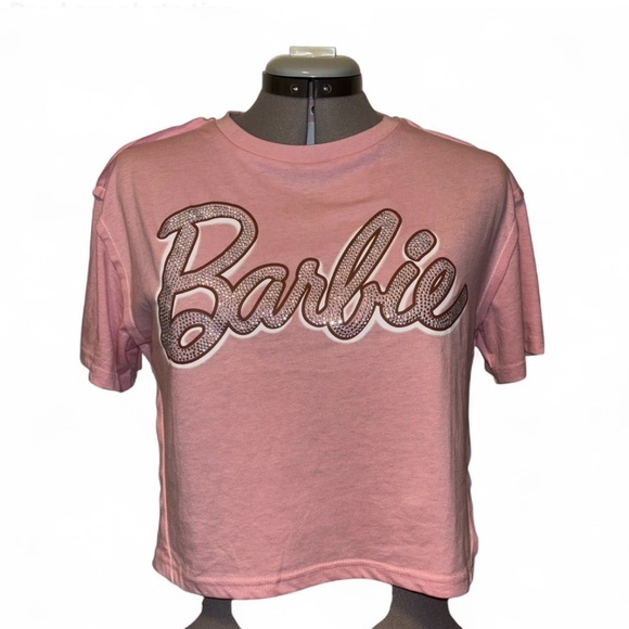 Barbie | Silver Rhinestone Logo Crop Tee | Pink Raw Seam T-Shirt | Size S - Picture 1 of 7